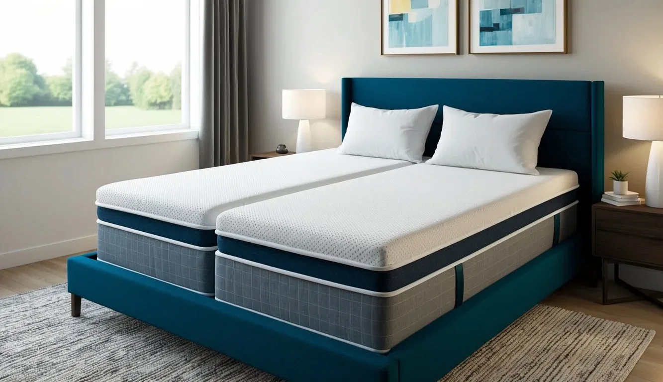 A bedroom with a modern, comfortable double-sided mattress as the focal point. The room is well-lit with natural light, and the mattress is neatly made up with high-quality bedding