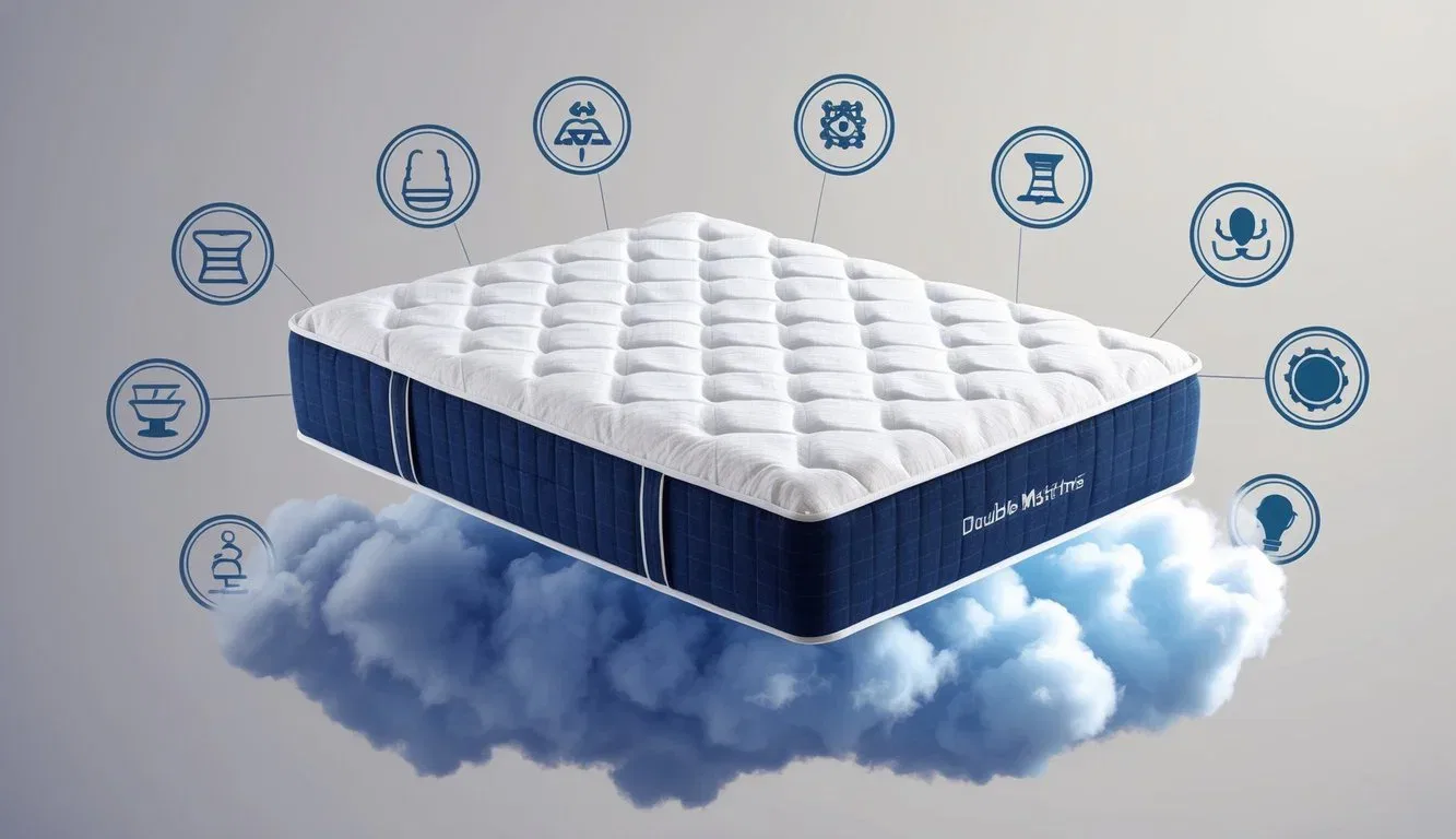 A double sided mattress floating above a cloud of myths, surrounded by symbols representing common misconceptions