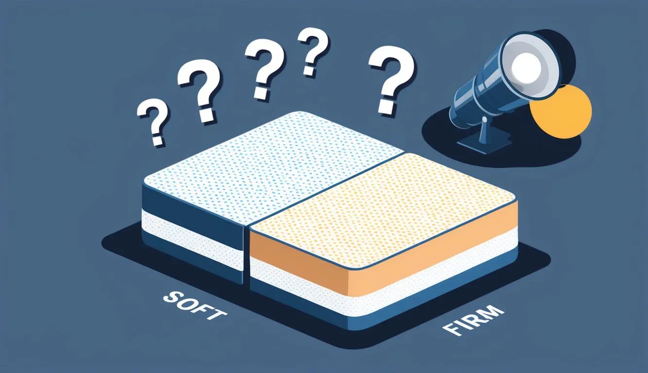 A mattress with two distinct sides, one soft and one firm, surrounded by question marks and a spotlight