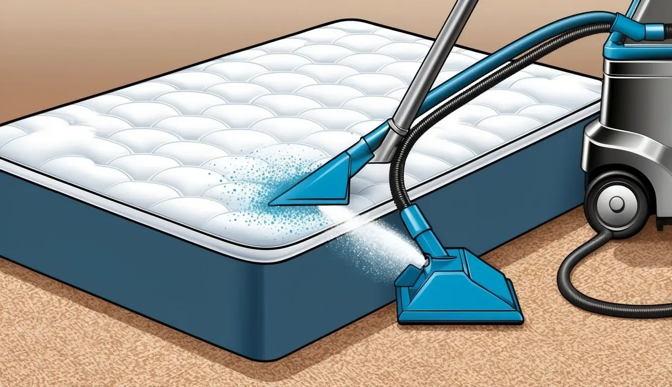 A mattress being cleaned with a carpet cleaner, with the machine spraying and scrubbing the surface to remove dirt and stains