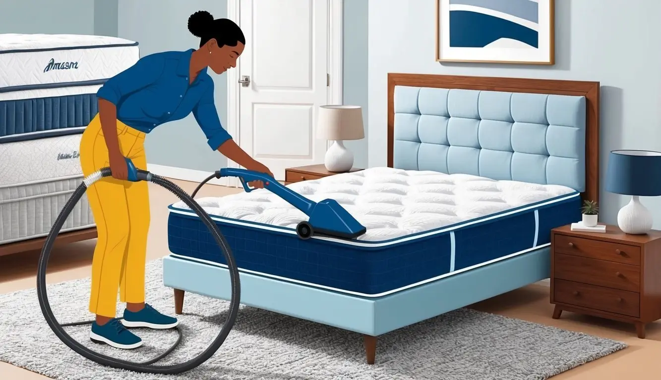 A person using a carpet cleaner on a mattress, with different types of mattresses displayed nearby
