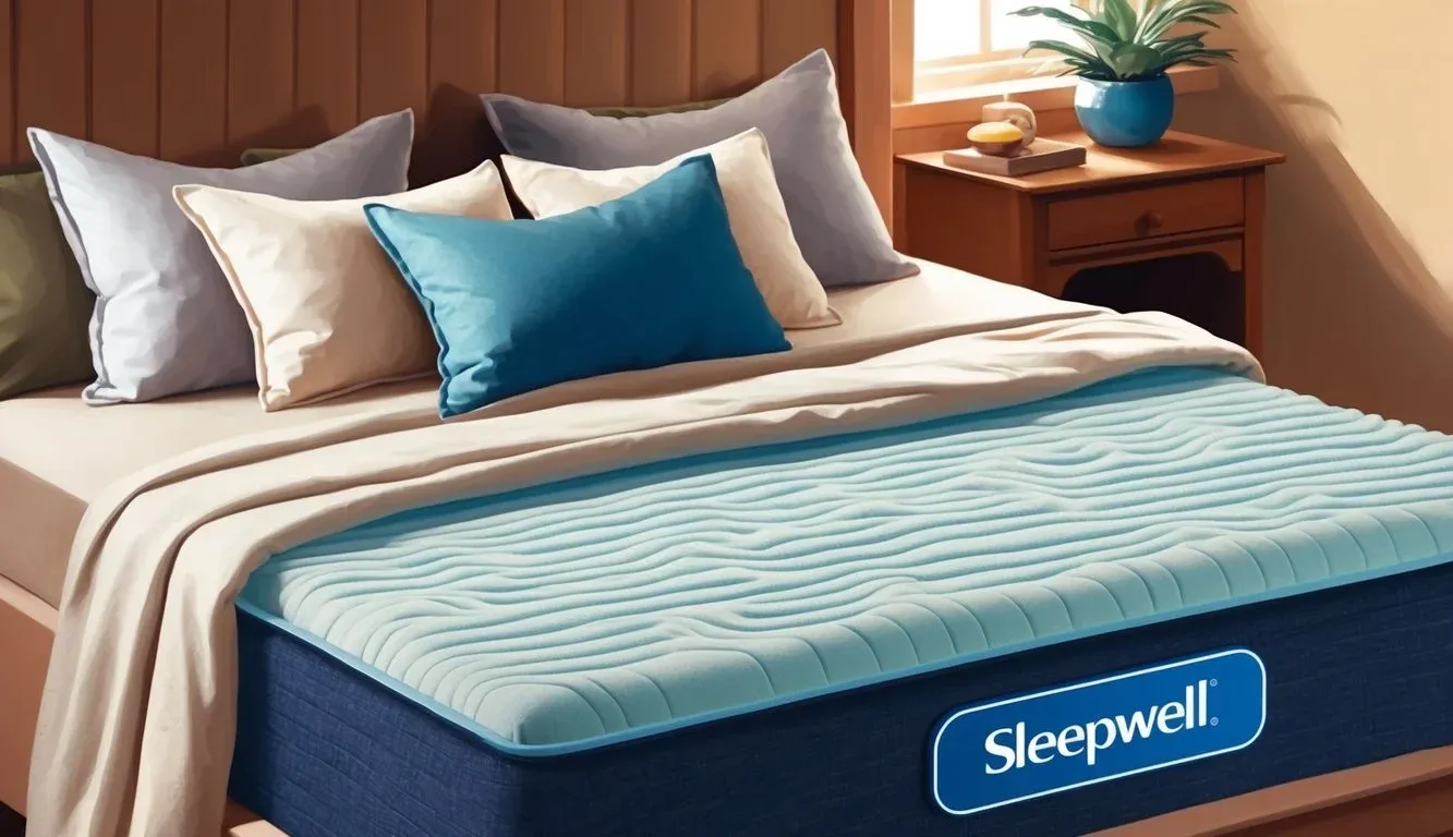 A cozy bedroom with a neatly made bed featuring a Sleepwell Mattress, surrounded by soft pillows and a warm, inviting atmosphere