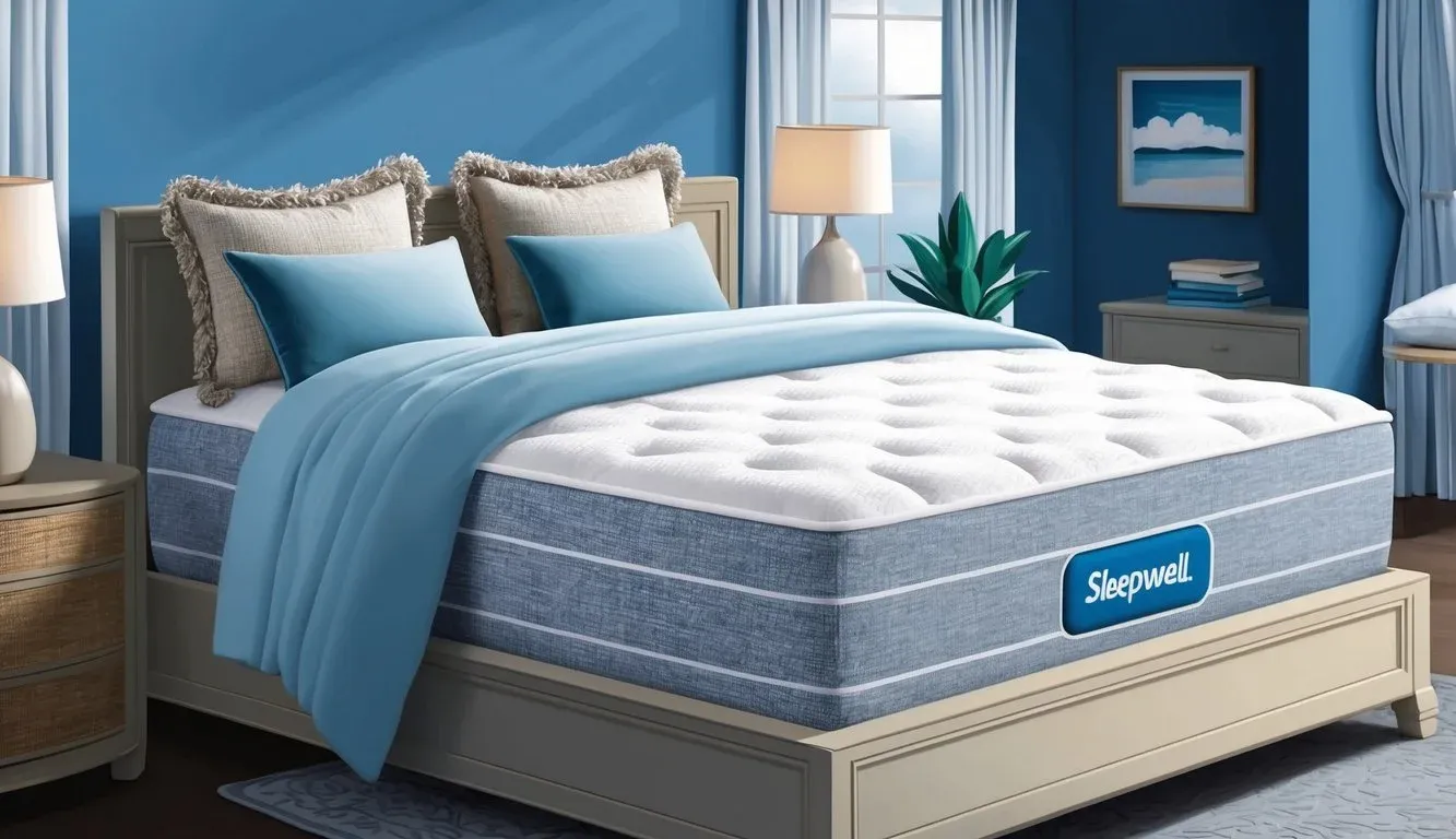 A cozy bedroom with a Sleepwell mattress, adorned with plush pillows and a soft comforter. A peaceful night's sleep is depicted through the serene setting