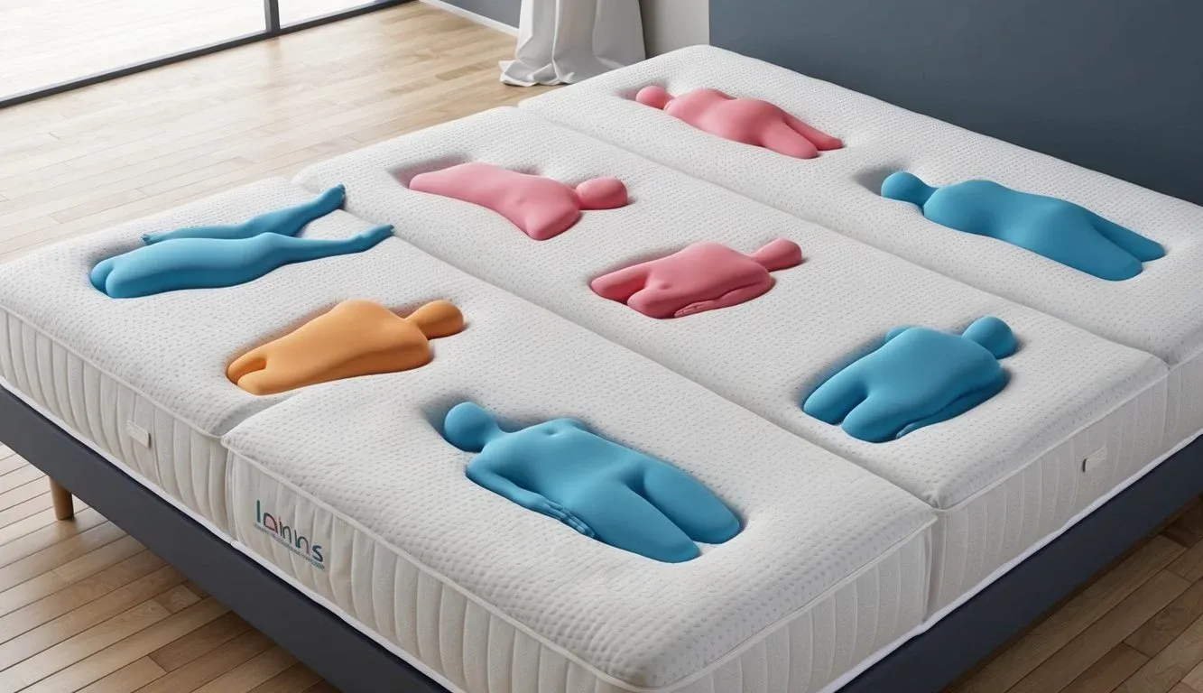A mattress with various sleeping positions depicted by imprints of different body shapes and firmness levels