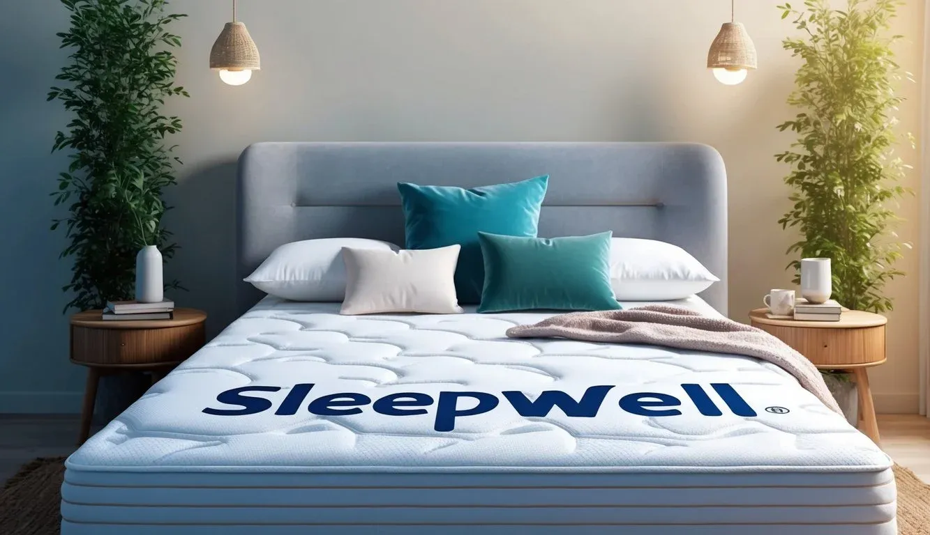 A peaceful bedroom with a Sleepwell mattress, adorned with soft pillows and a cozy blanket, surrounded by a serene atmosphere