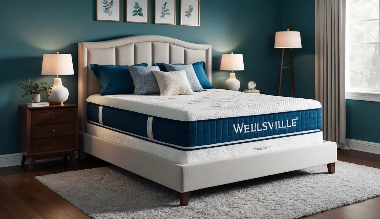 A bedroom with a Wellsville mattress as the focal point, surrounded by cozy bedding and soft lighting