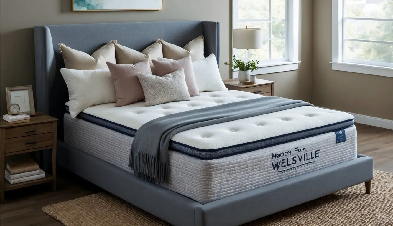 A bedroom with a well-dressed bed featuring a Memory Foam Innovations Wellsville mattress, surrounded by soft, inviting pillows and a cozy throw blanket