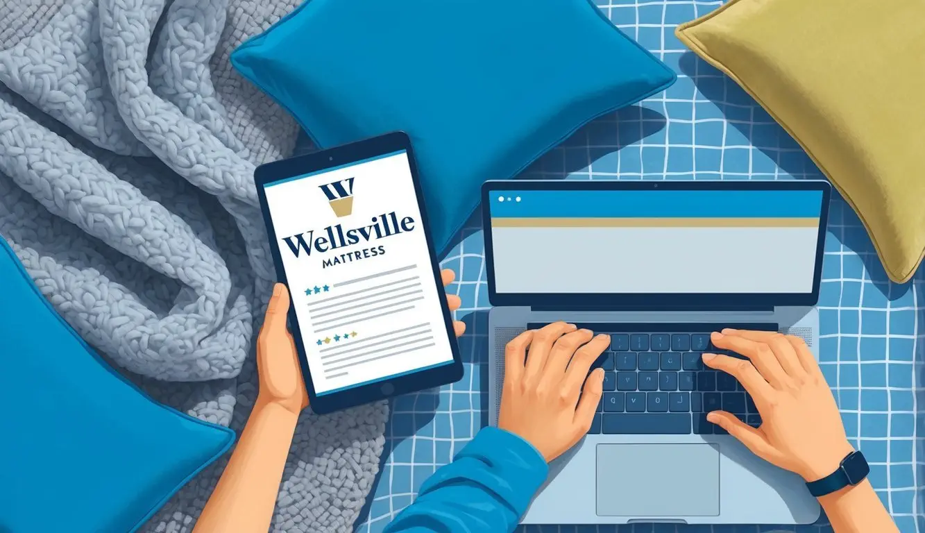 A person reading a review of a Wellsville mattress online, with a laptop or phone in hand, surrounded by pillows and a cozy blanket