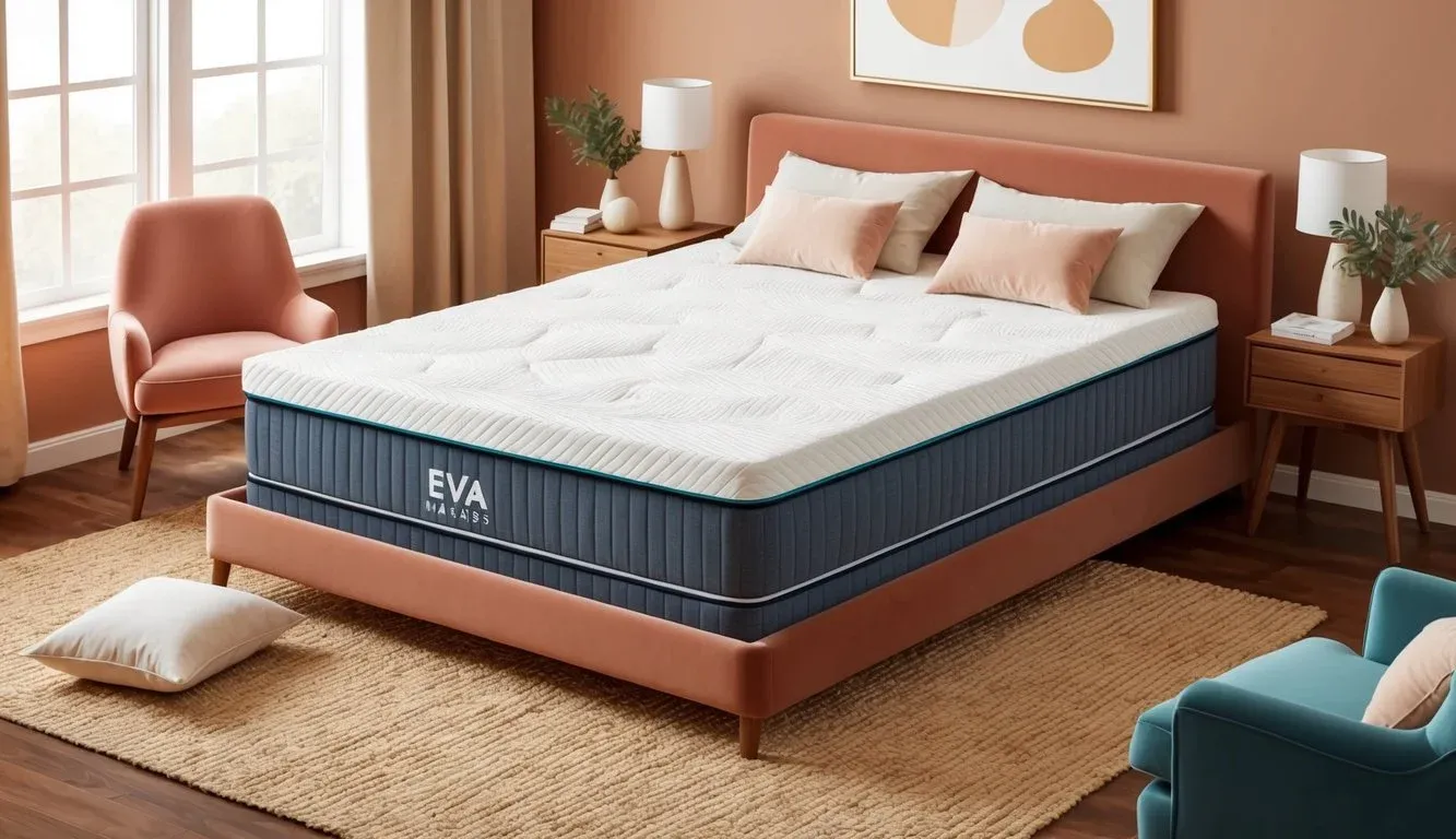 A cozy bedroom with a neatly made bed featuring the Eva Mattress, surrounded by soft pillows and a warm, inviting atmosphere