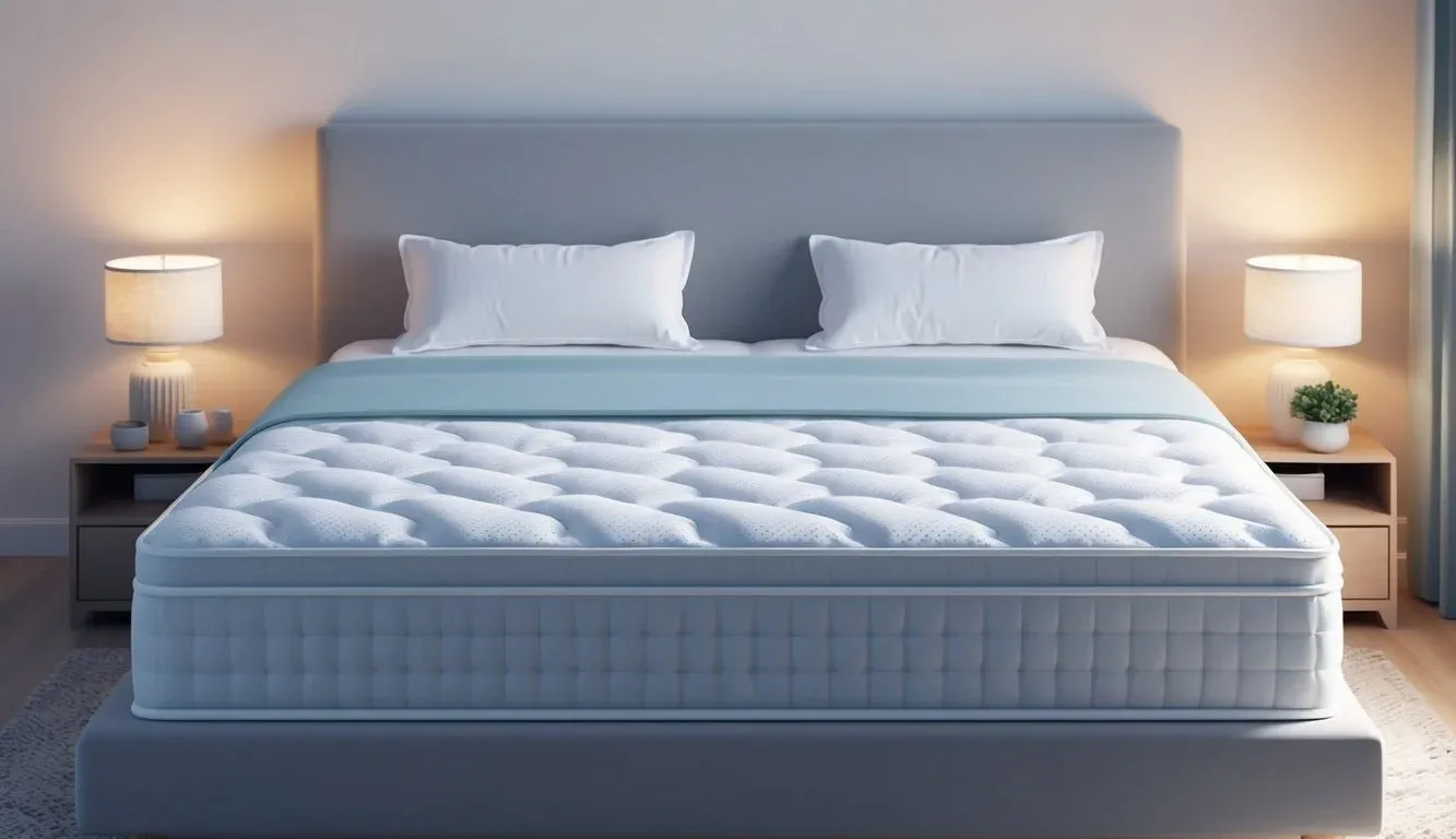 A serene bedroom with a neatly made bed featuring a plush, inviting mattress. Soft lighting and cozy decor create a tranquil sleep environment