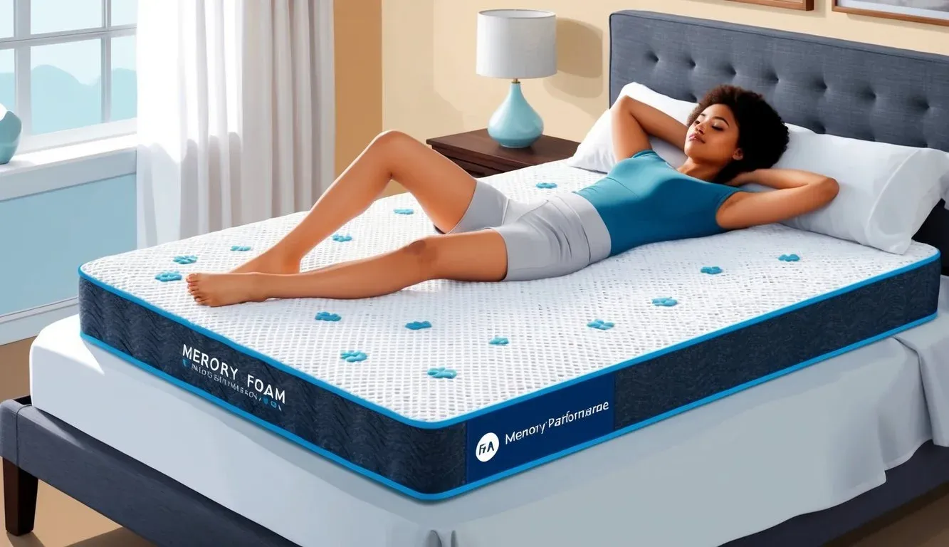 A person lying on a Memory Foam Performance EVA mattress, surrounded by a peaceful and comfortable bedroom setting