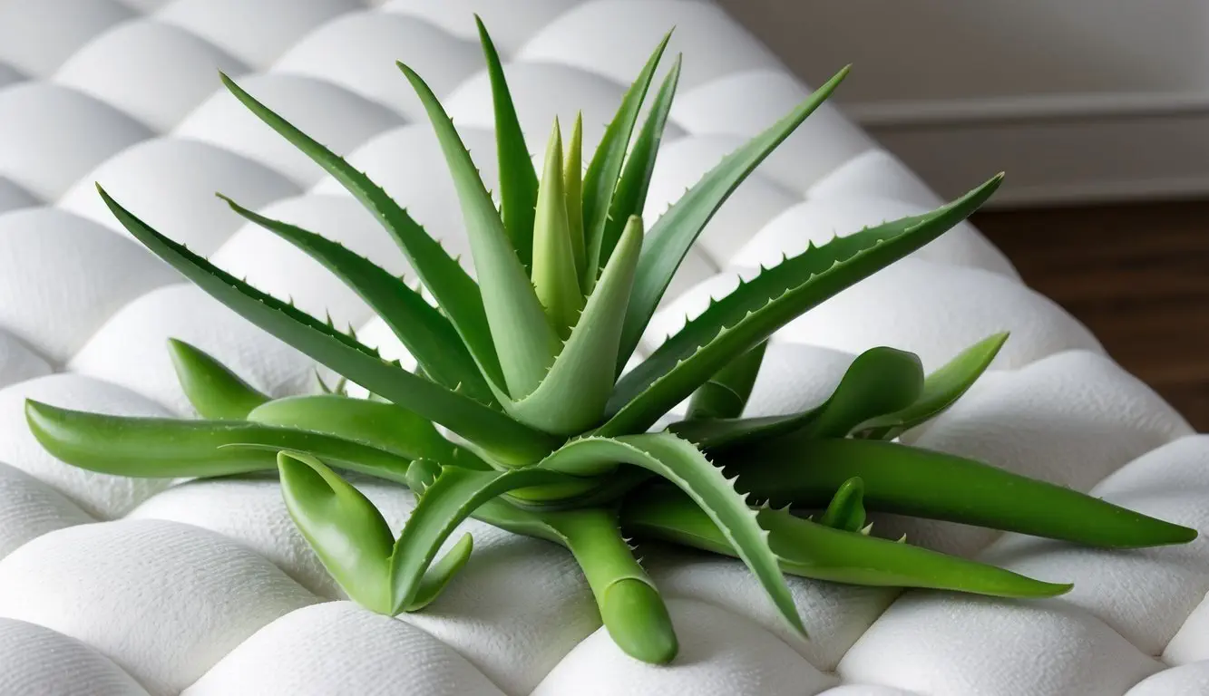 A lush aloe vera plant grows on a mattress, surrounded by soothing green leaves and gel-filled stalks