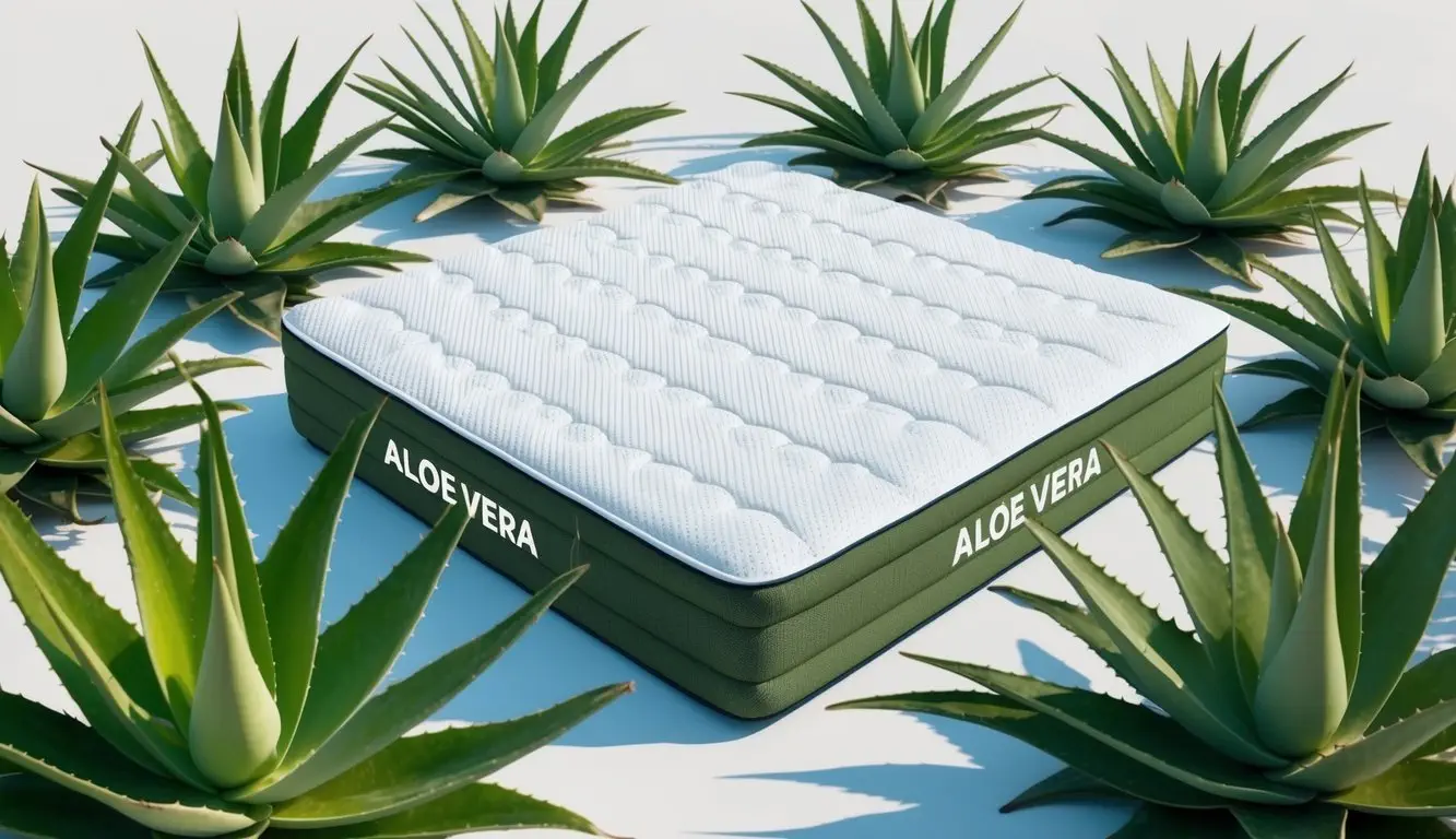 An aloe vera mattress surrounded by lush green aloe plants, with the mattress appearing cool and inviting