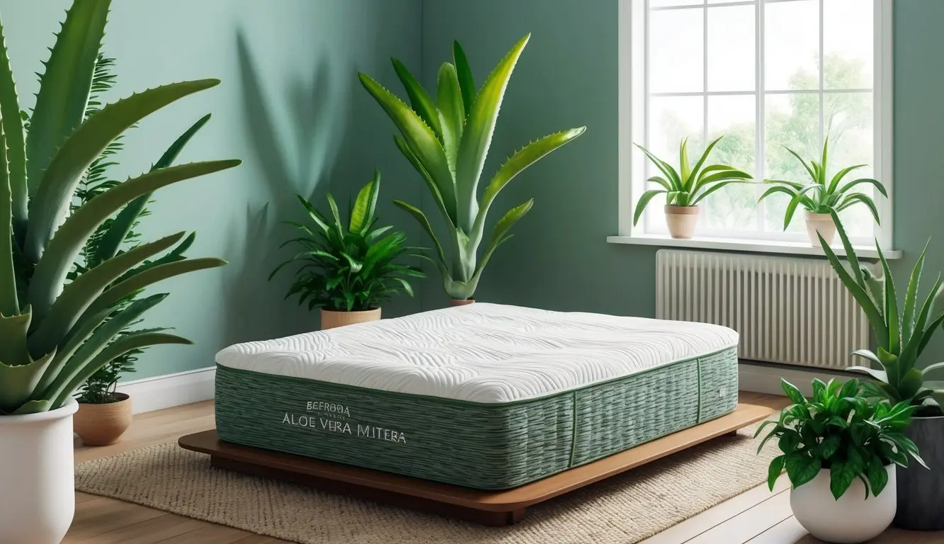 A serene bedroom with a luxurious aloe vera mattress, surrounded by green plants and natural light filtering through the window