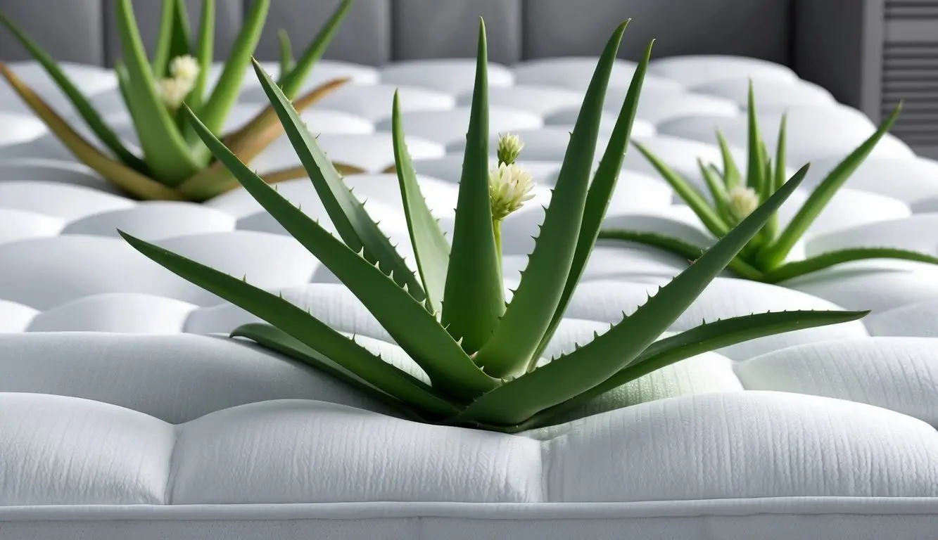 Aloe vera plants growing on a mattress, with lush green leaves and small white flowers