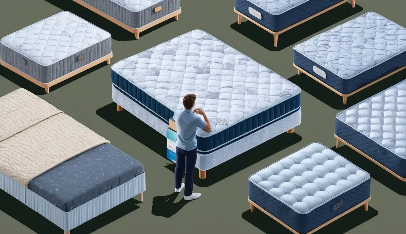 A pocket coil mattress surrounded by various other mattress types, with a person appearing to contemplate their options
