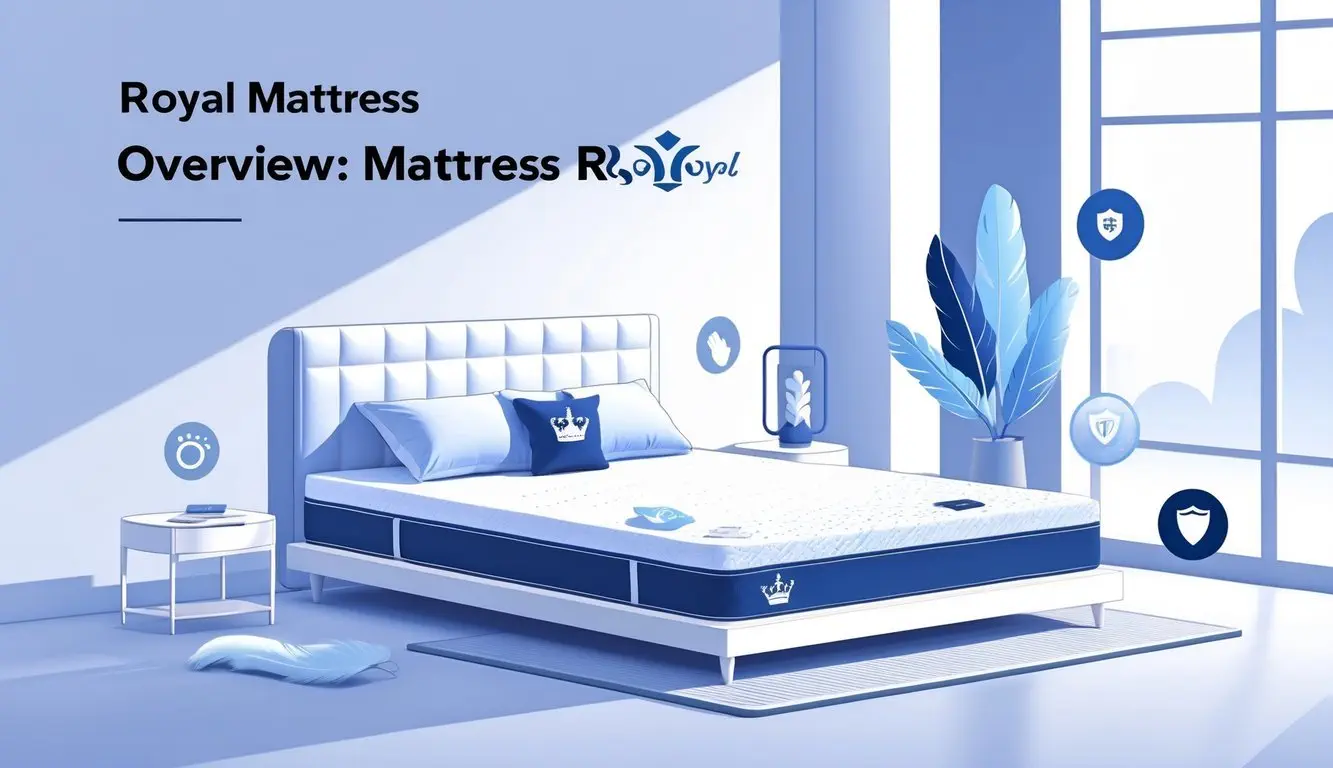 A modern bedroom with a high-quality mattress on a bed, surrounded by icons representing comfort, support, and durability.