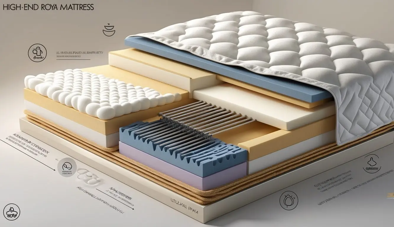 Cross-sectional view of a mattress showing multiple layers including foam, coils, and fabric cover.