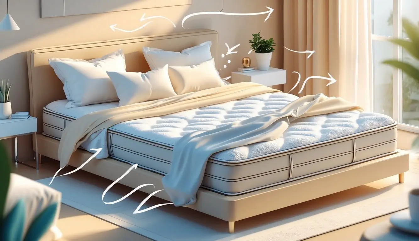 A mattress on a bed in a bright bedroom with pillows and a soft duvet, surrounded by subtle symbols representing comfort and support.
