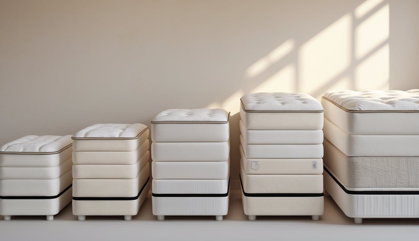 Various mattress sizes arranged side by side next to a modern bed frame in a bedroom setting.