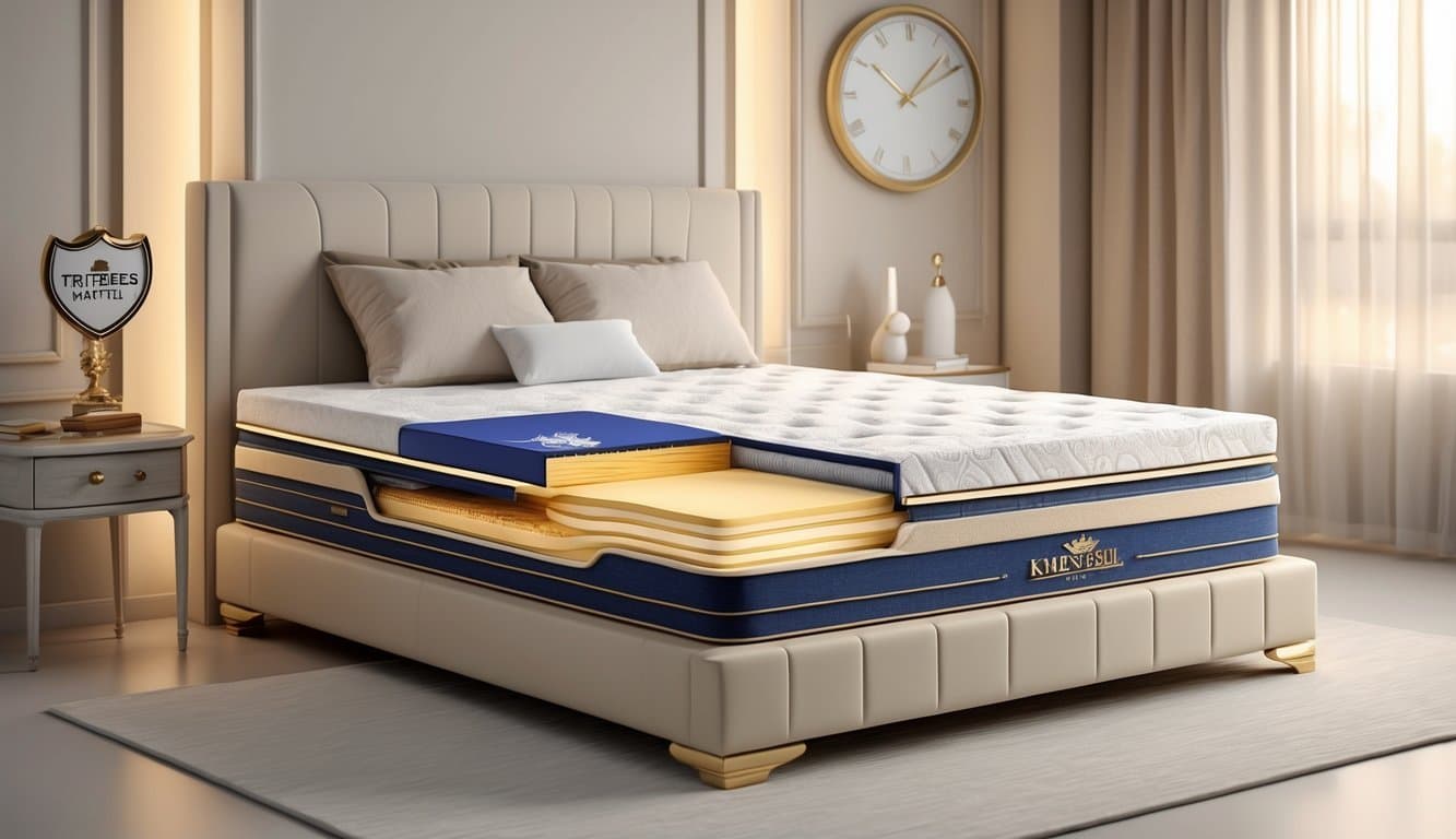 A luxurious mattress with a cross-section showing multiple layers, placed in a calm bedroom with symbols of strength and longevity around it.