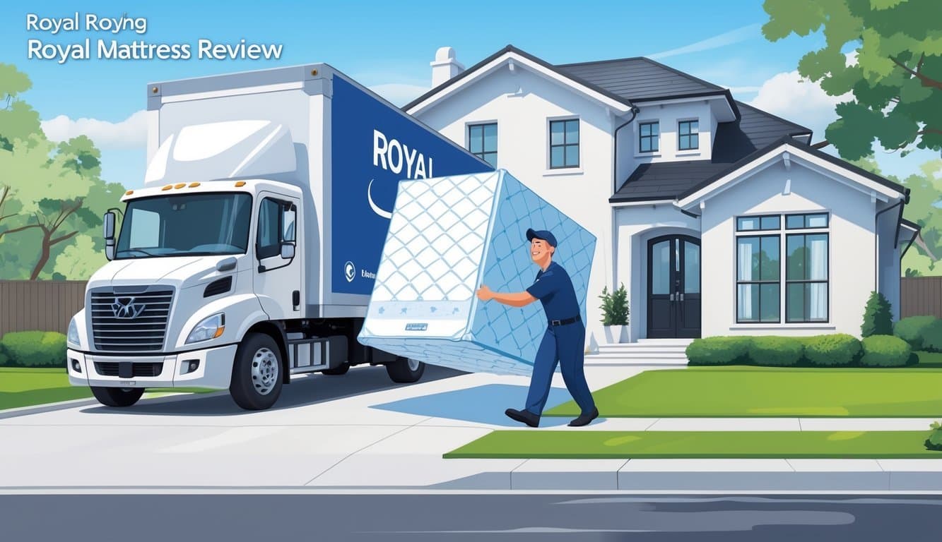 A delivery person carrying a mattress from a truck to a house in a suburban neighborhood.