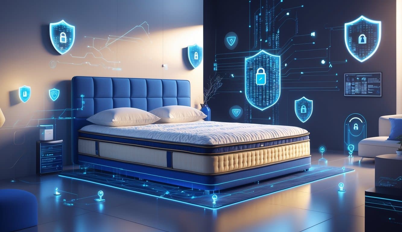 A luxurious mattress surrounded by digital security symbols like shields and padlocks in a modern bedroom setting.