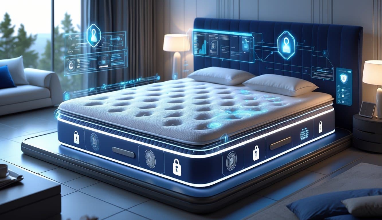 A luxurious mattress in a modern bedroom with digital security elements like biometric sensors and holographic displays surrounding it.