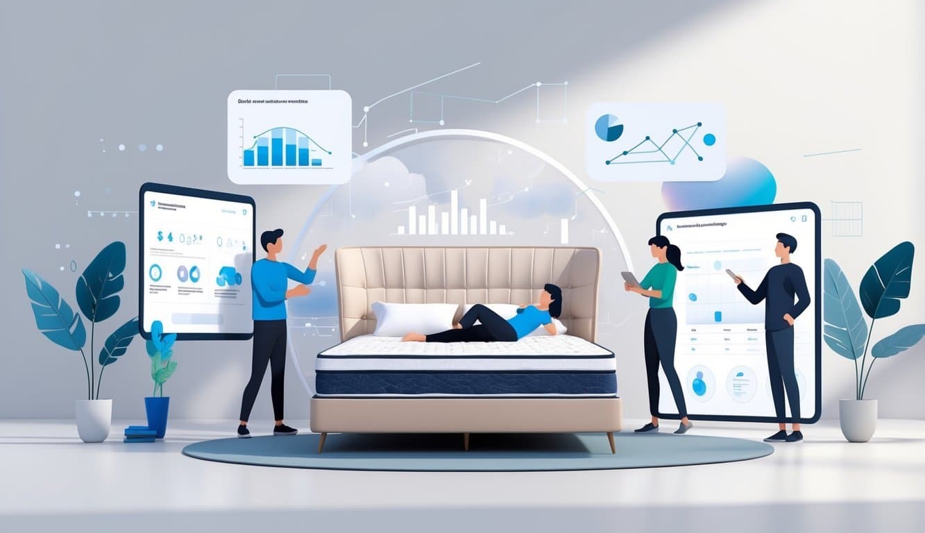 A bedroom scene showing a luxurious mattress with people testing it and analyzing data on digital screens around it.