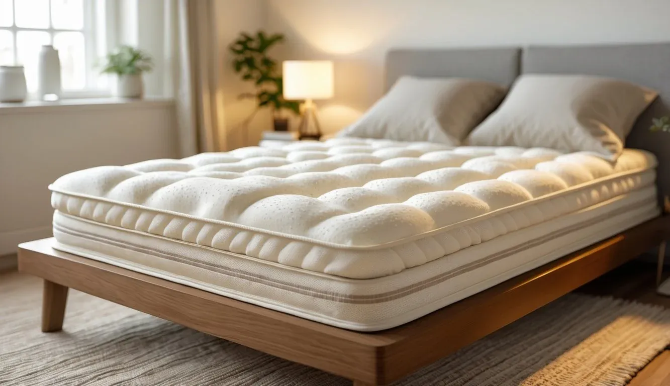 A peaceful bedroom with a wooden bed frame holding a soft, natural-textured mattress, surrounded by pillows and linens, with a bedside table and plant in the background.