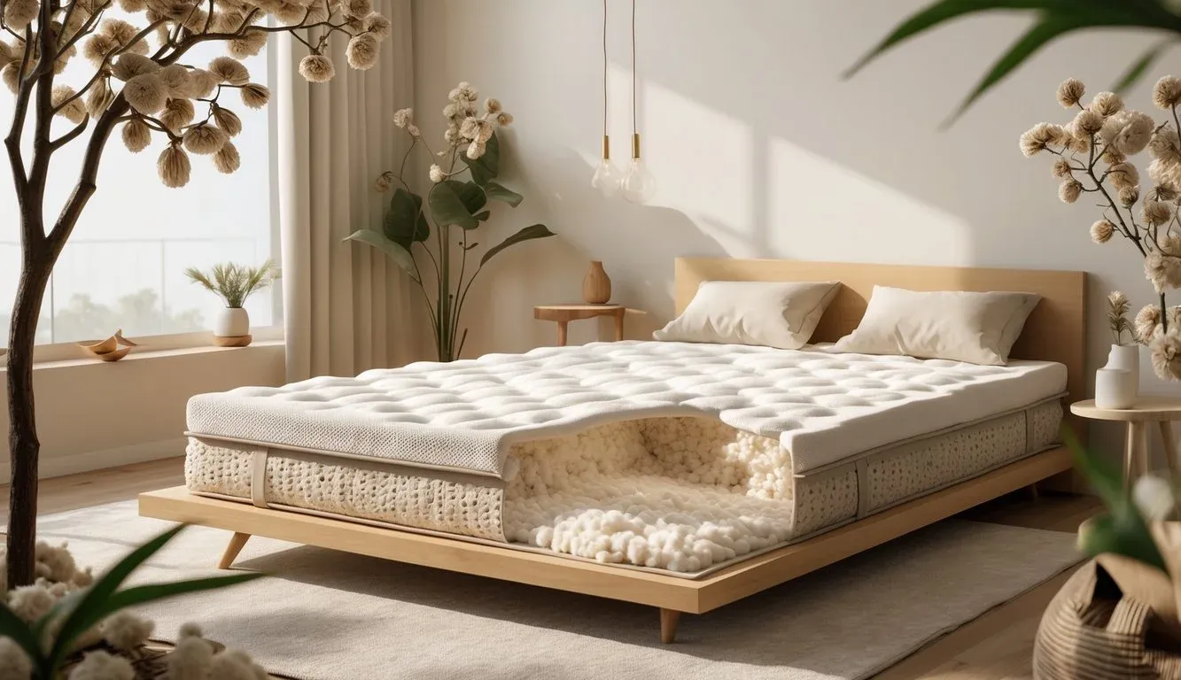 A mattress partially cut open to show fluffy natural filling inside, placed in a neat bedroom with kapok tree branches nearby.