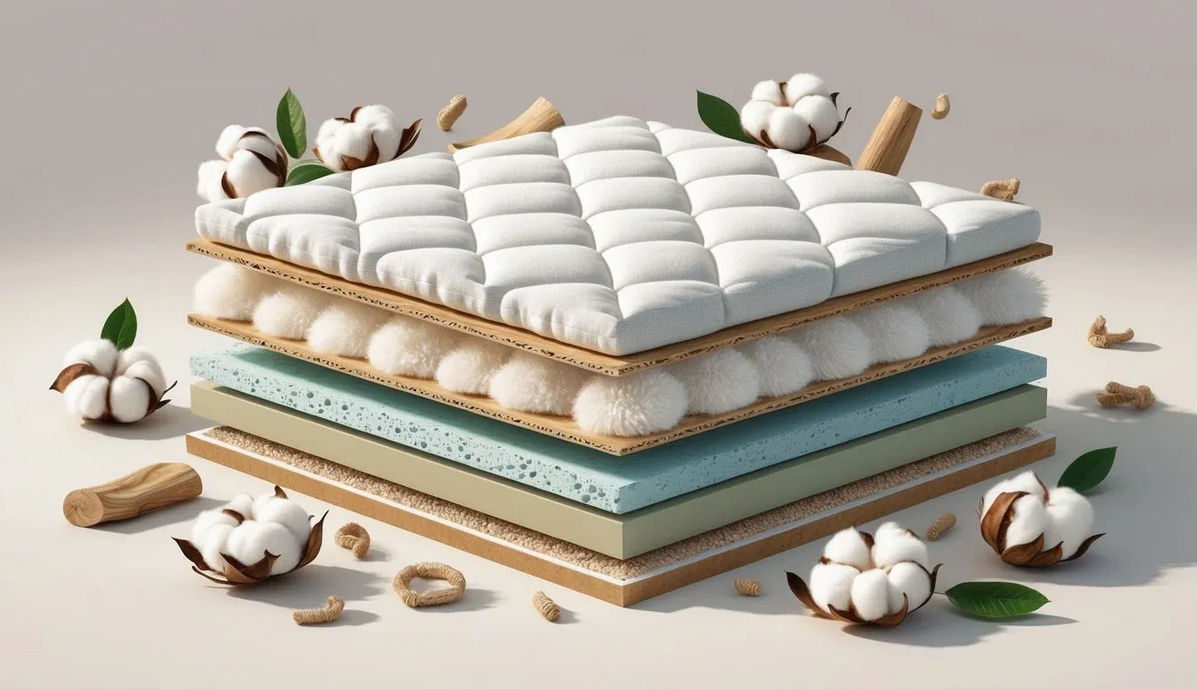 Cross-sectional view of a kapok mattress showing layers of soft fabric, fluffy natural kapok fibers, and supportive foam, with raw kapok pods and natural elements around it.