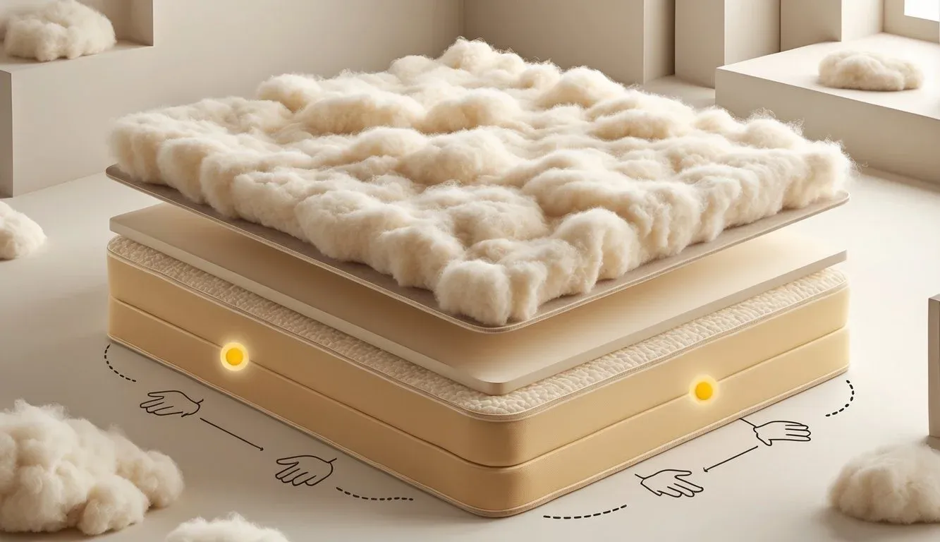 Cross-sectional view of a kapok mattress showing soft, fluffy fibers and supportive layers inside.