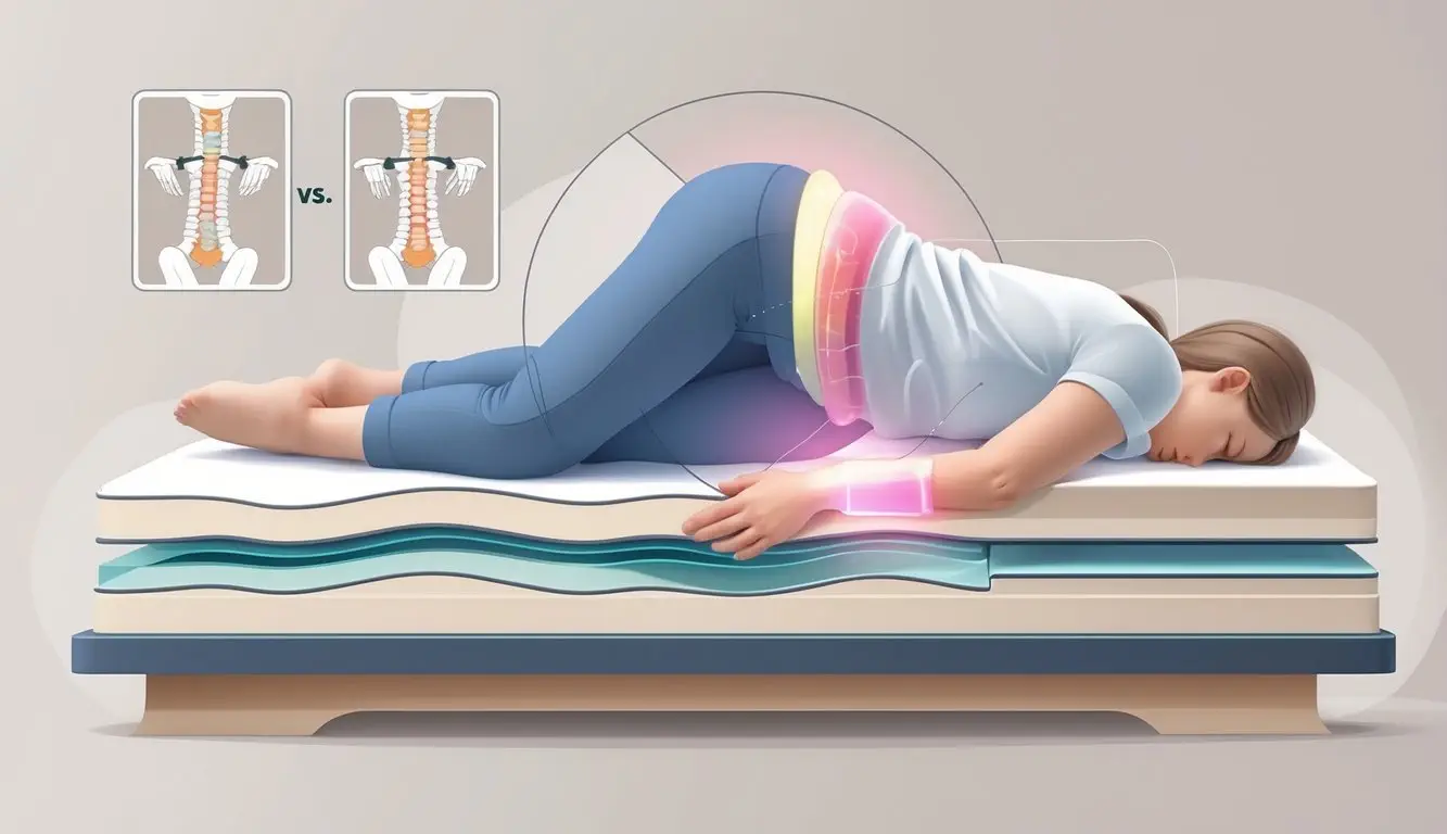 A person lying on their side on a mattress with emphasis on the hip joint area, showing the connection between mattress support and hip pain.