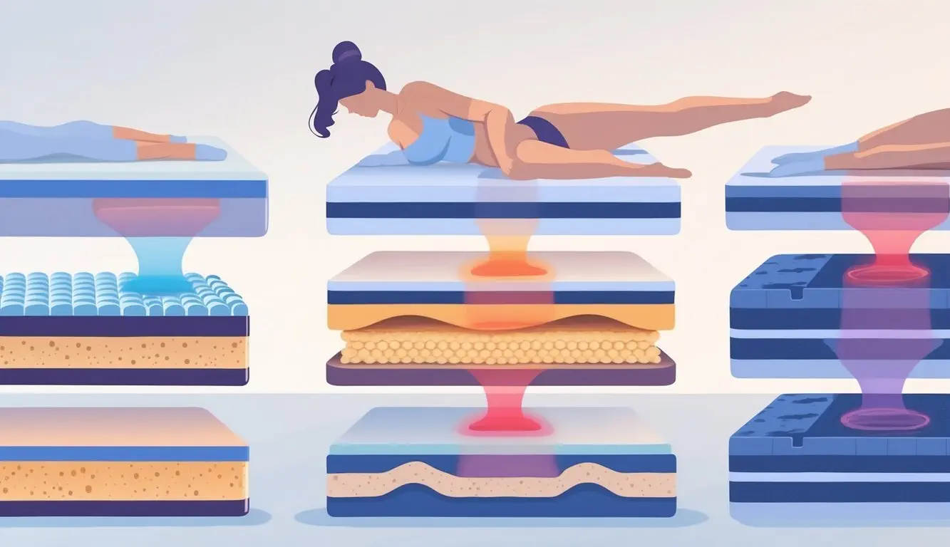 Illustration showing different types of mattresses with side-lying human figures highlighting hip areas to indicate pressure and comfort.