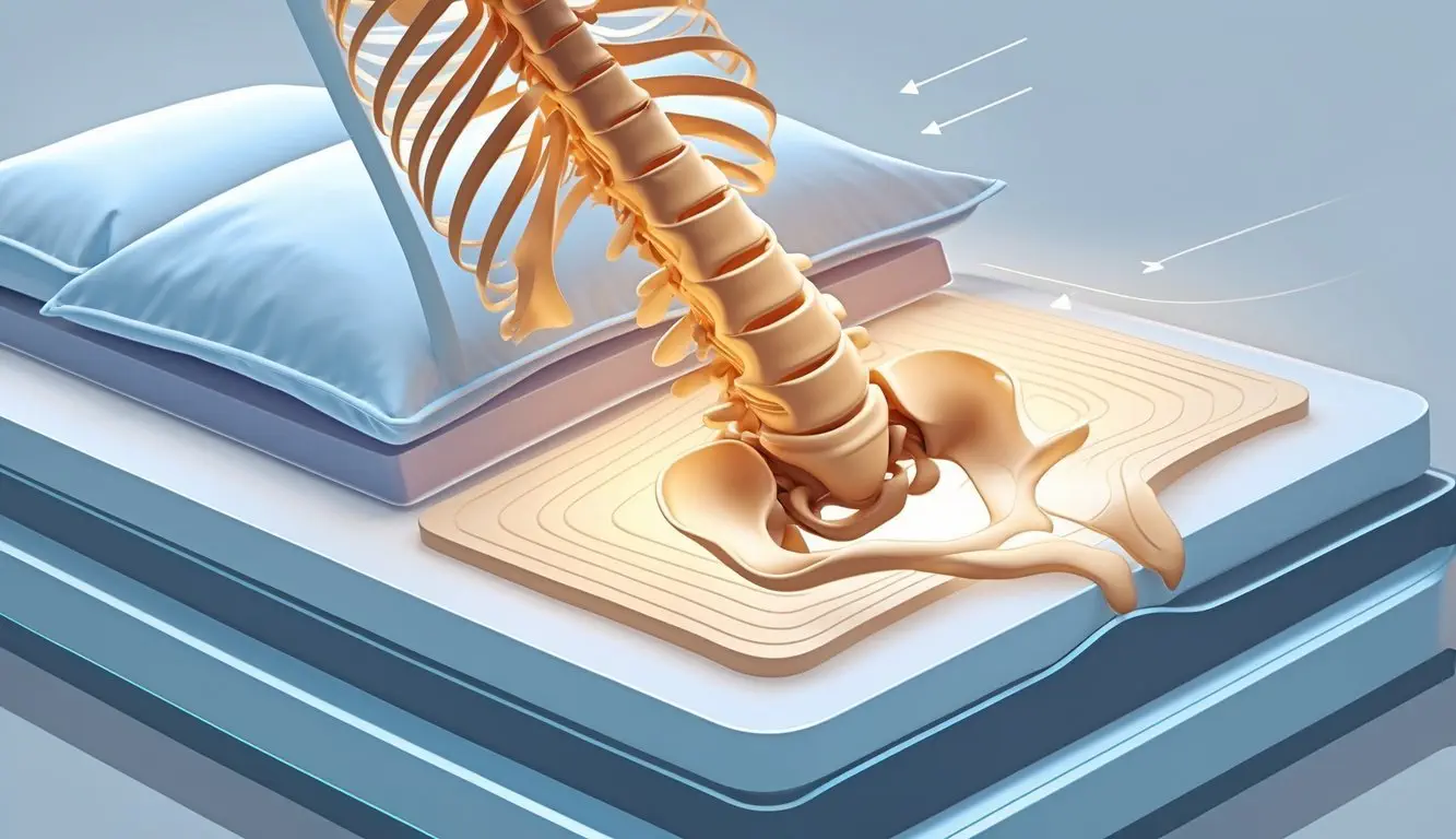 A cross-section illustration of a person lying on a mattress, showing the hips supported in a comfortable, aligned position.
