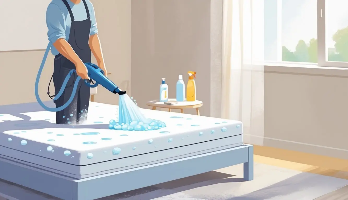 A person shampooing a mattress with a handheld cleaning machine in a bright bedroom.