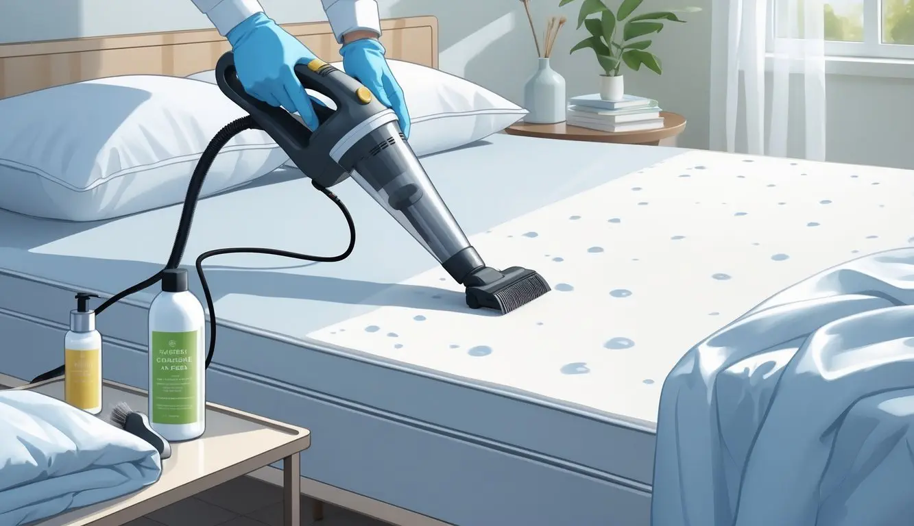 Person vacuuming a mattress in a clean bedroom to prepare it for cleaning, with cleaning supplies nearby.