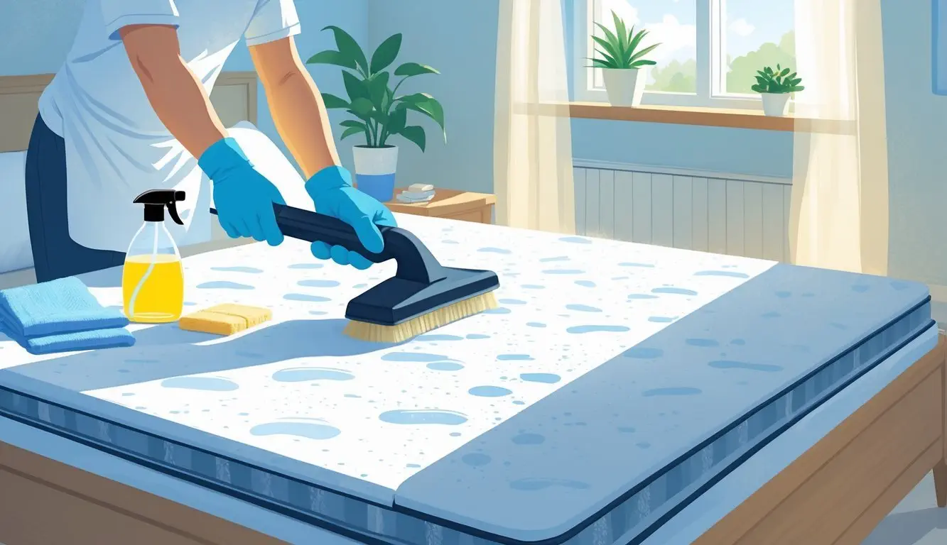 Person cleaning a mattress with shampoo using a brush and gloves in a bright bedroom.