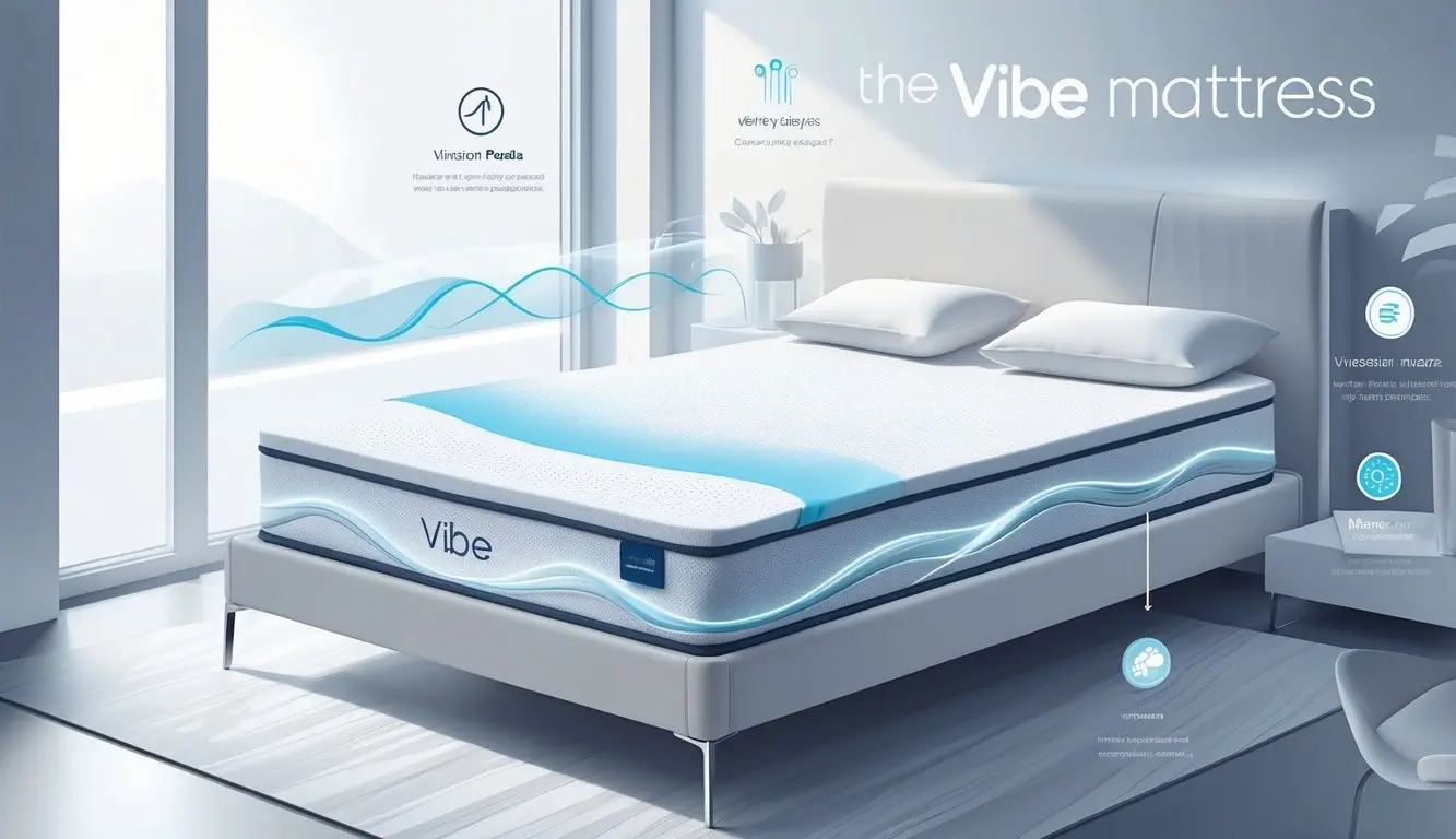A modern bedroom with a Vibe Mattress on a sleek bed frame, surrounded by icons representing comfort and support.