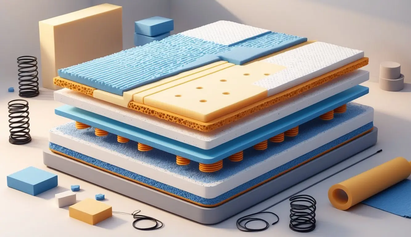 Cross-sectional view of a mattress showing multiple layers of foam, coils, and fabric with materials and tools around it.