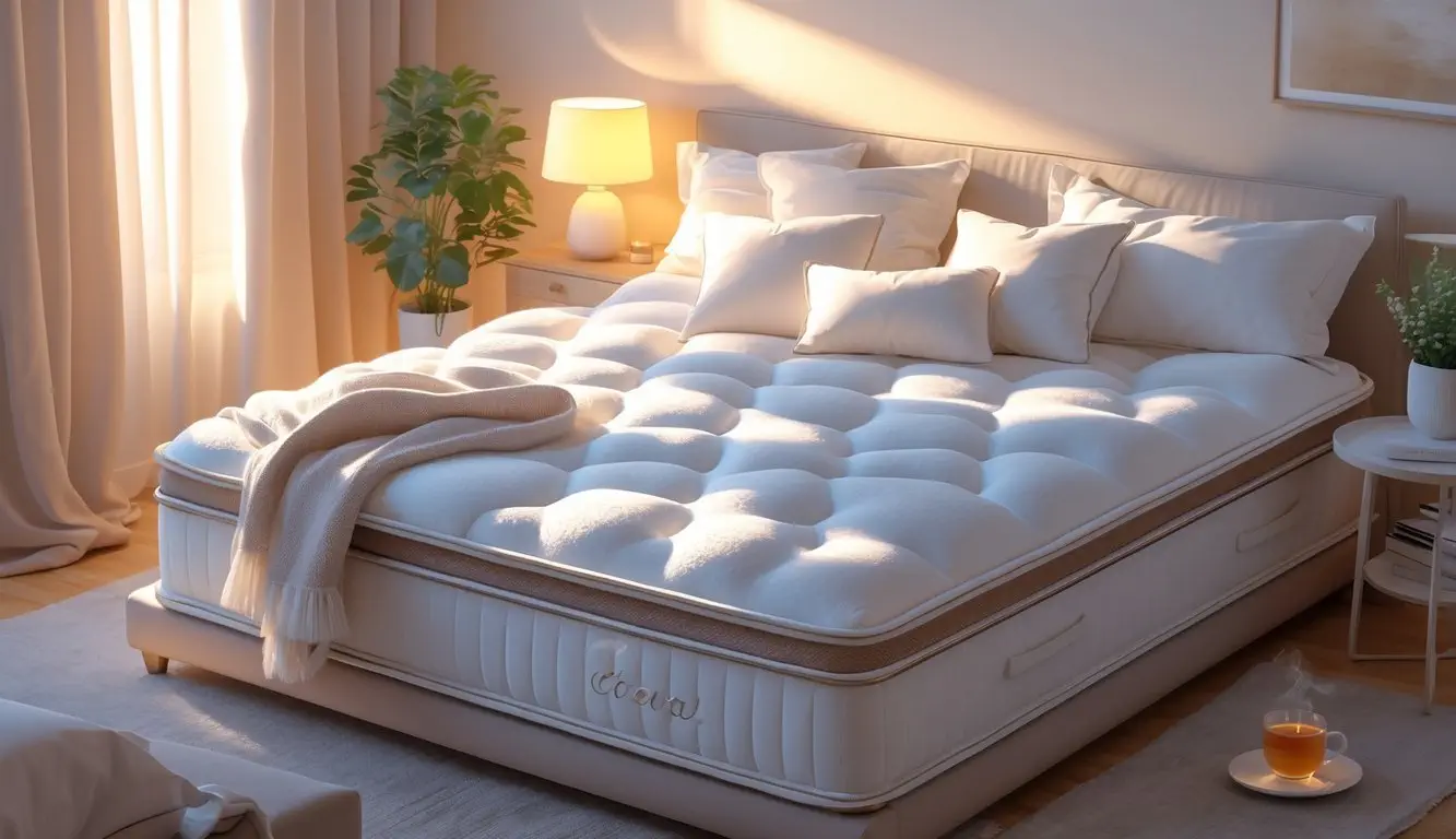 A cozy bedroom with a neatly made mattress, soft pillows, a blanket, a bedside lamp, a cup of tea, and a small plant, creating a peaceful and comfortable sleep environment.