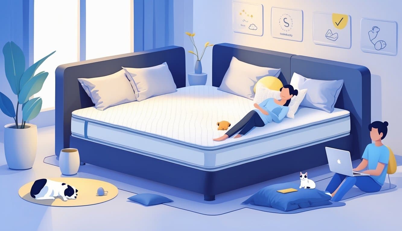 A mattress in a bedroom with icons showing different ways it can be used, including sleeping, couples, pets, and working.