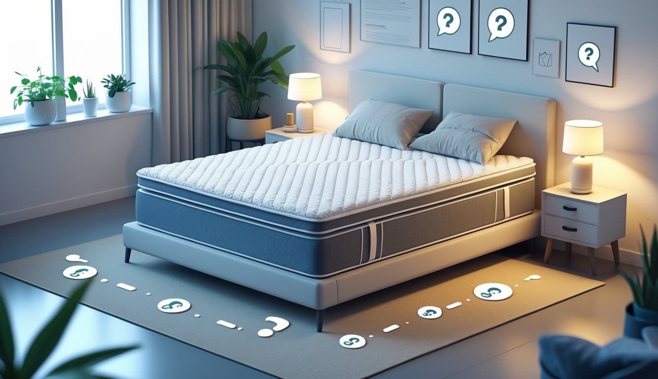 A cozy bedroom with a modern mattress on a bed, surrounded by icons representing questions and answers, suggesting a frequently asked questions theme.