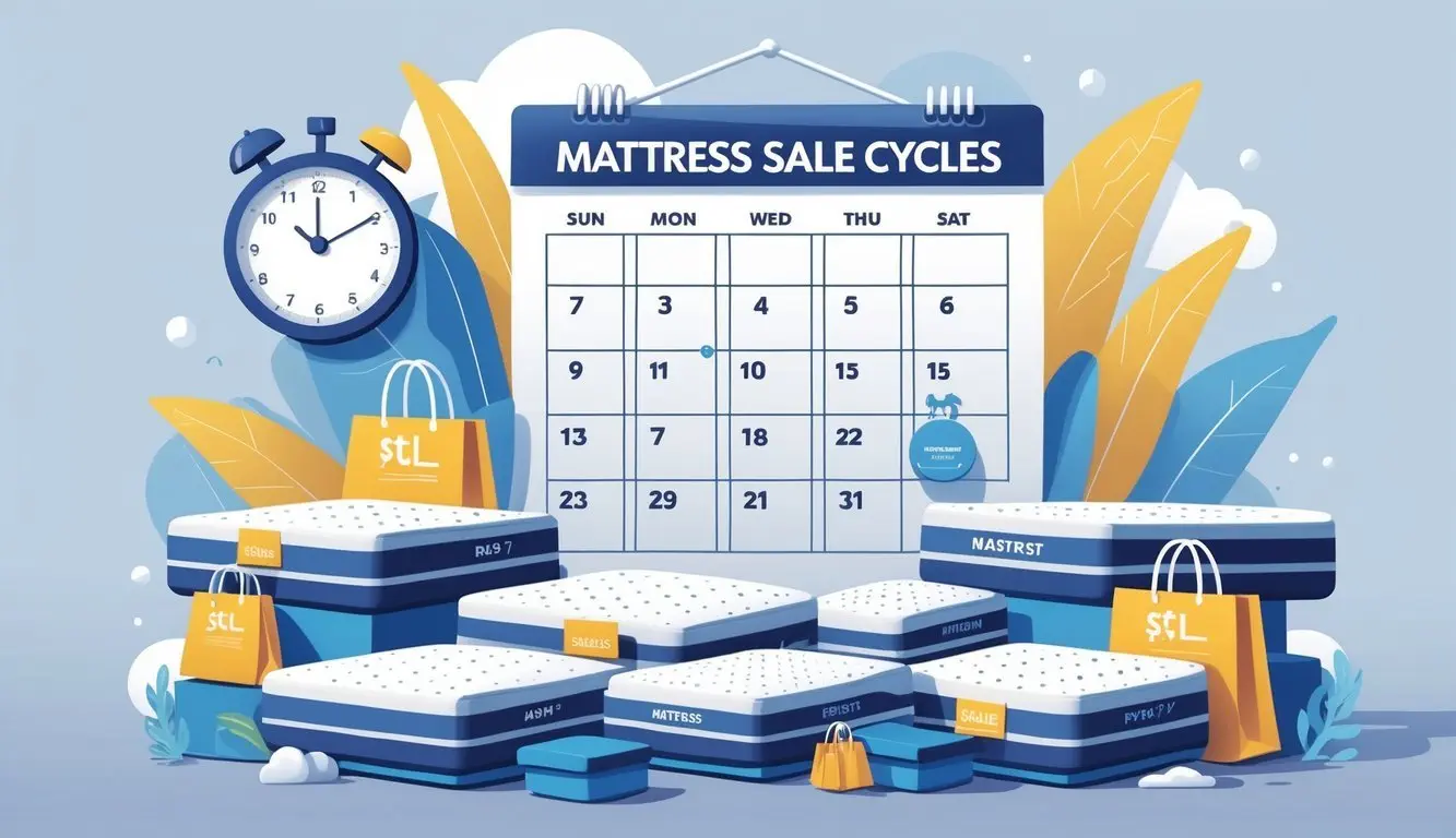 Illustration showing a calendar with highlighted months, mattresses around it, and symbols representing timing and shopping to depict mattress sale cycles.
