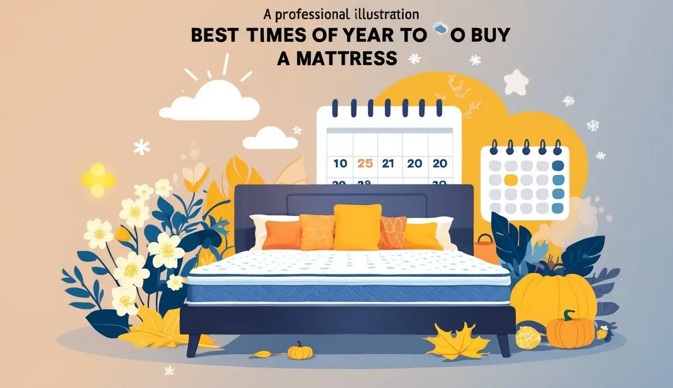 A bedroom with a mattress on a bed surrounded by seasonal elements like flowers, leaves, snowflakes, and sun, with a calendar showing highlighted dates.