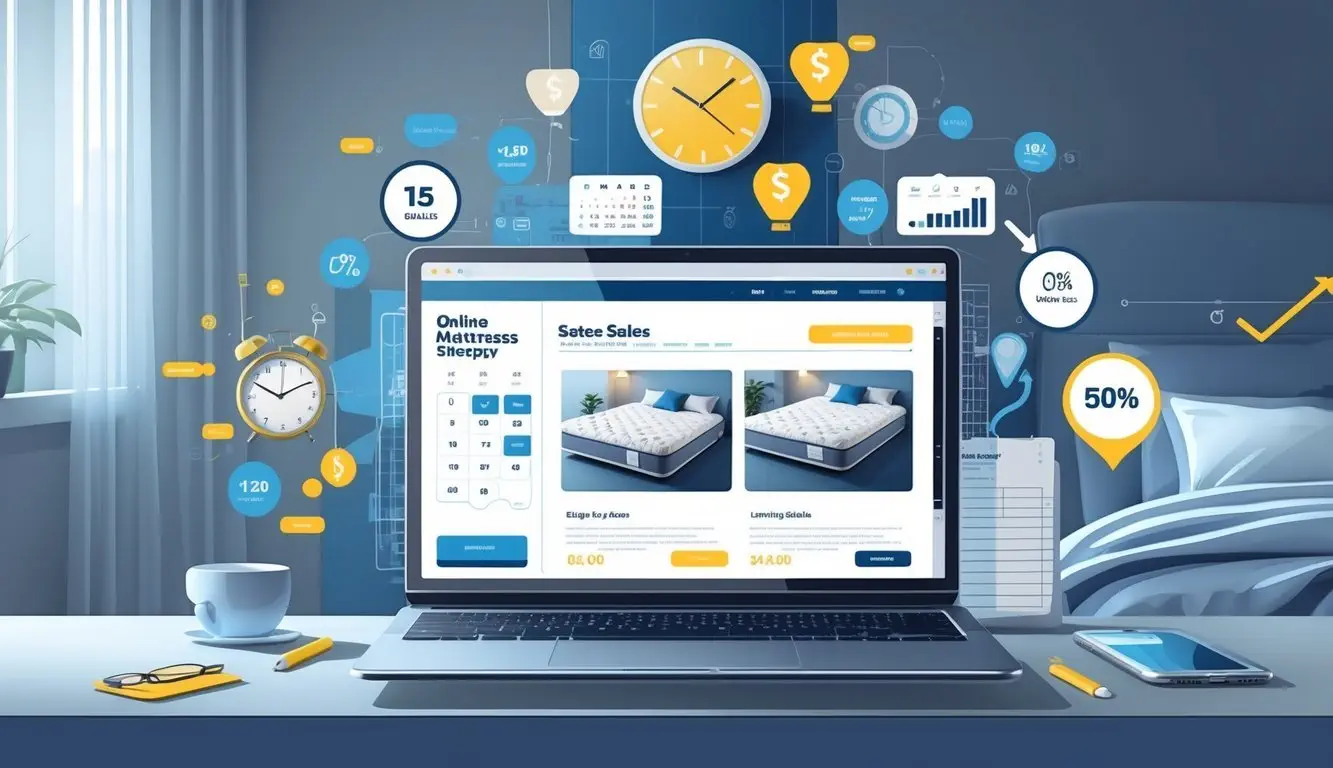 A laptop displaying a mattress website with sales icons, a calendar, shopping cart, and graphs, set against a cozy bedroom background.