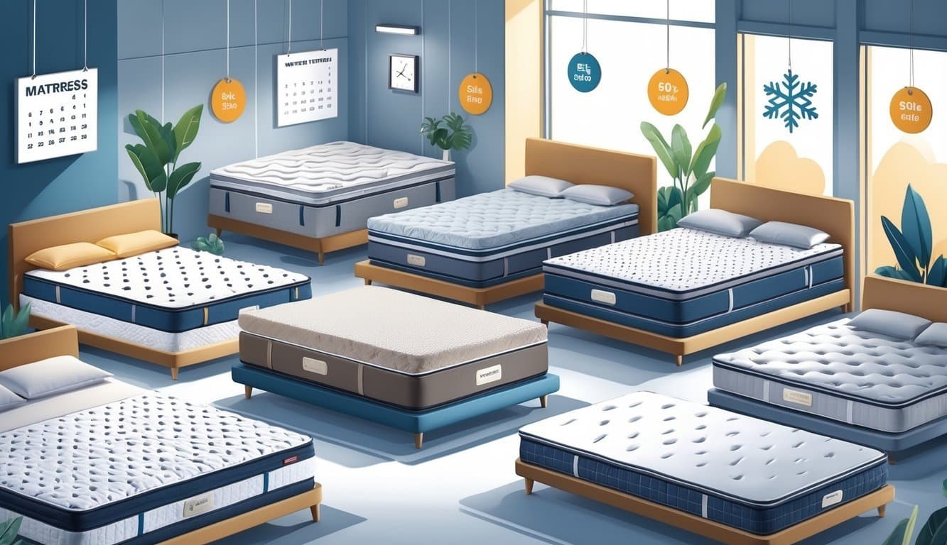 A showroom scene showing different types of mattresses arranged side by side with icons representing sale periods and seasons around them.