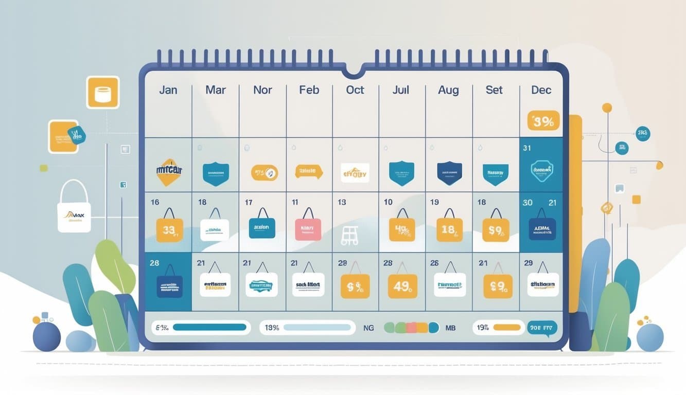 An infographic showing a calendar with months and icons representing mattress sales for different top brands, connected by lines to brand logos around the calendar.