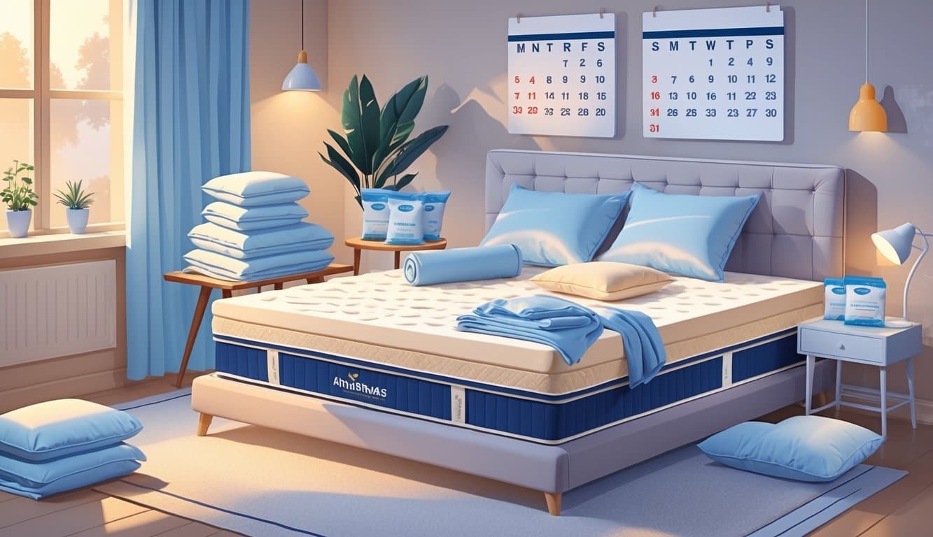 A bedroom scene showing a bed with mattress accessories like pillows and protectors, a table displaying packaged mattress items, and a calendar in the background indicating sale dates.